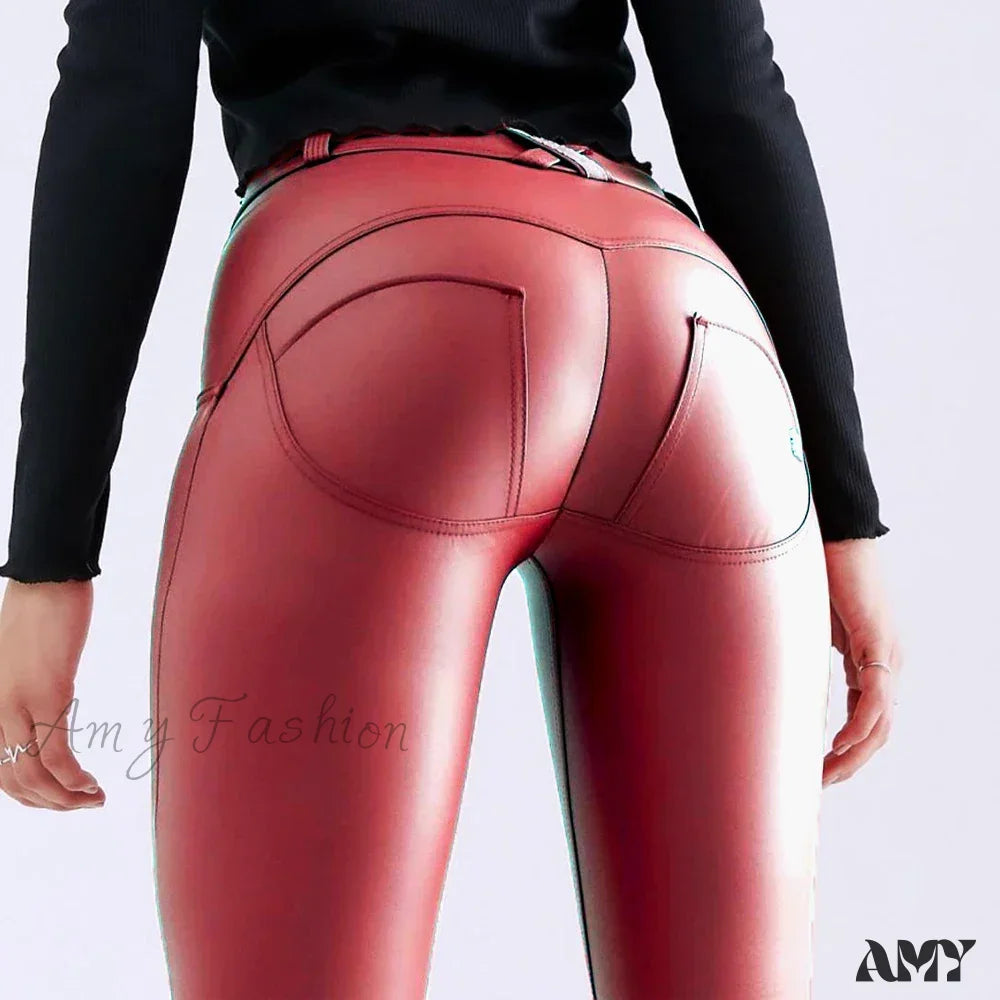 Skin Tight Dark Red Leather Faux Stretch Slim Fit Pants