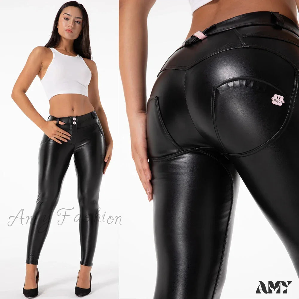 Skin Tight Dark Red Leather Faux Stretch Slim Fit Pants Black / Xxs