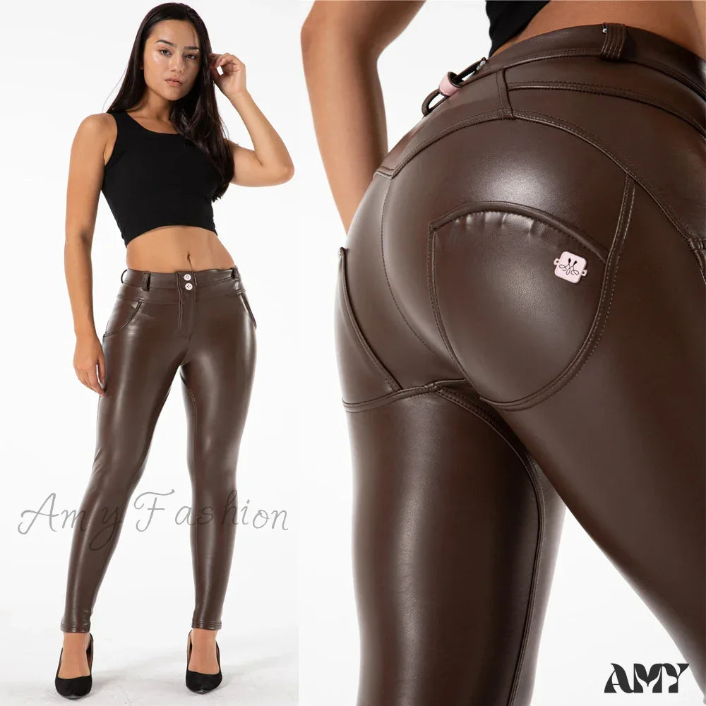 Skin Tight Dark Red Leather Faux Stretch Slim Fit Pants Brown / Xxs