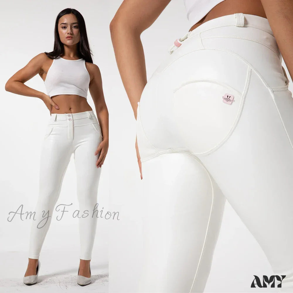 Skin Tight Dark Red Leather Faux Stretch Slim Fit Pants White / Xxs