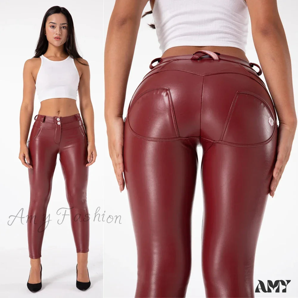 Skin Tight Dark Red Leather Faux Stretch Slim Fit Pants Red / Xxs