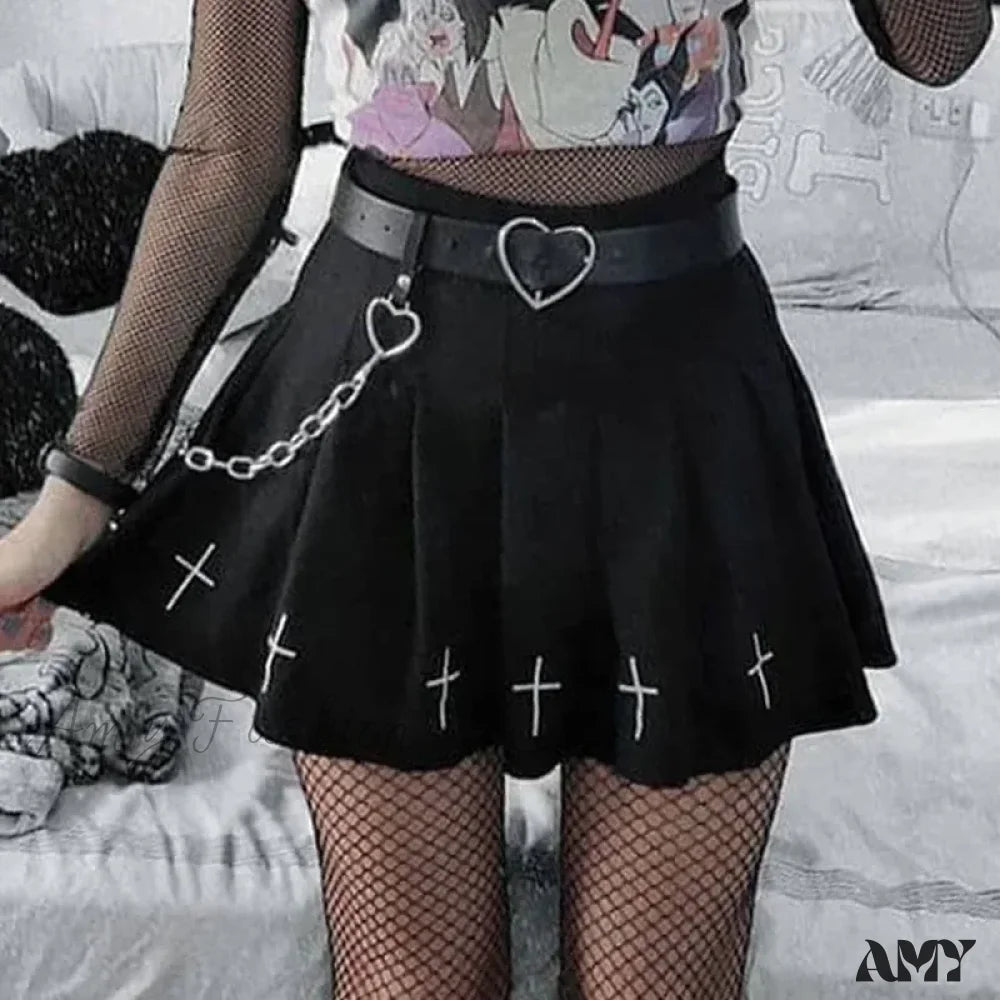 Skirt Cross Black Gothic Print Pleated Vintage Streetwear High Waist