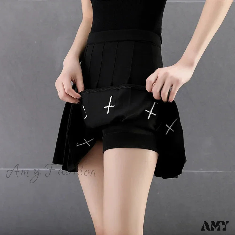 Skirt Cross Black Gothic Print Pleated Vintage Streetwear High Waist