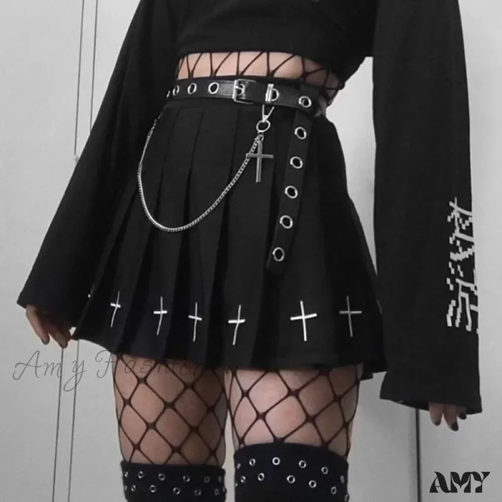 Skirt Cross Black Gothic Print Pleated Vintage Streetwear High Waist