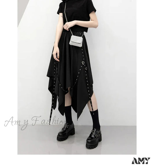 Skirt Long Irregular Y2K Wind Tie Weave Buckle Street Dark