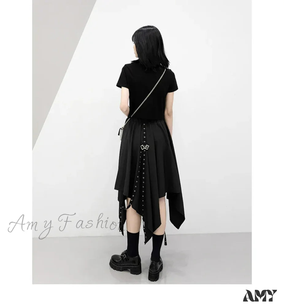 Skirt Long Irregular Y2K Wind Tie Weave Buckle Street Dark