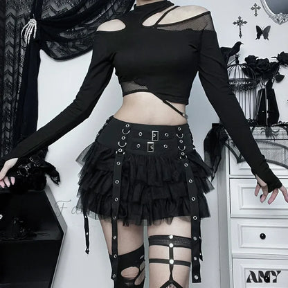 Skirt Ribbons Gothic Dark Cake Harajuku Cybery2K Hop Hip Mesh Eyelet Women E-Girl Patchwork