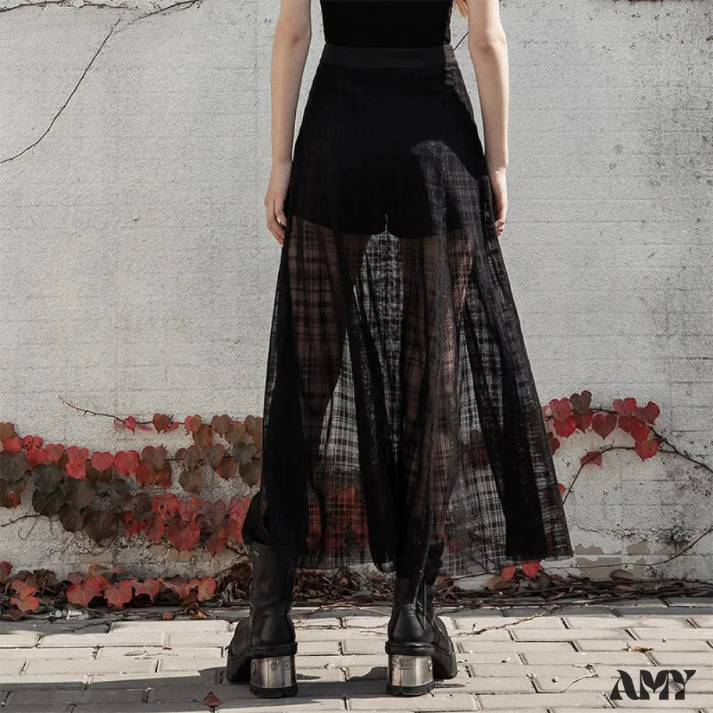 Skirt Women’s Waist Long Sexy Elastic Mesh Casual Grid Daily Pantskirt Gothic A Mid-Length Shape