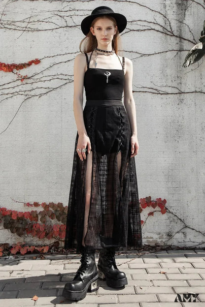 Skirt Women’s Waist Long Sexy Elastic Mesh Casual Grid Daily Pantskirt Gothic A Mid-Length Shape