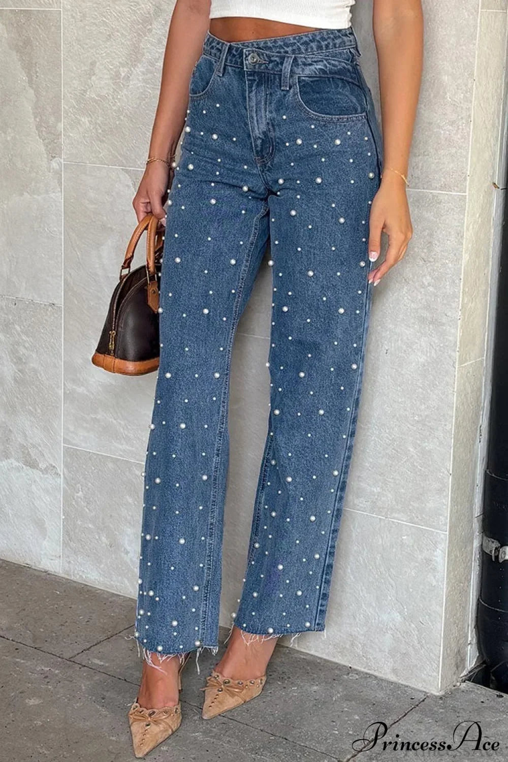 Slanted Waist Crisscross Beaded Frayed Straight Leg Jeans Blue / XS
