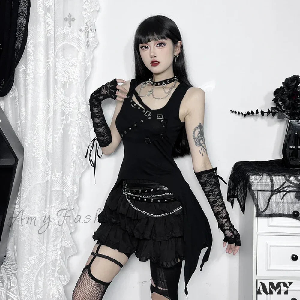 Sleeveless Irregular Goth Black Summer Crop Slim Y2K Top Vintage Eyelet