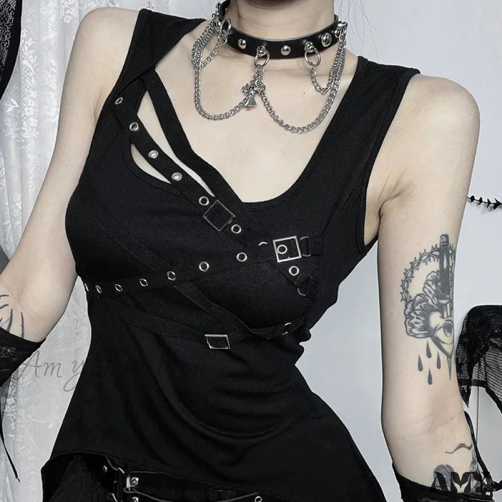 Sleeveless Irregular Goth Black Summer Crop Slim Y2K Top Vintage Eyelet