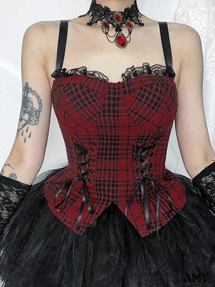 Sleeveless Plaid Bandage Goth Crop Aesthetic Top Cropped Red Patchwork Mall / S