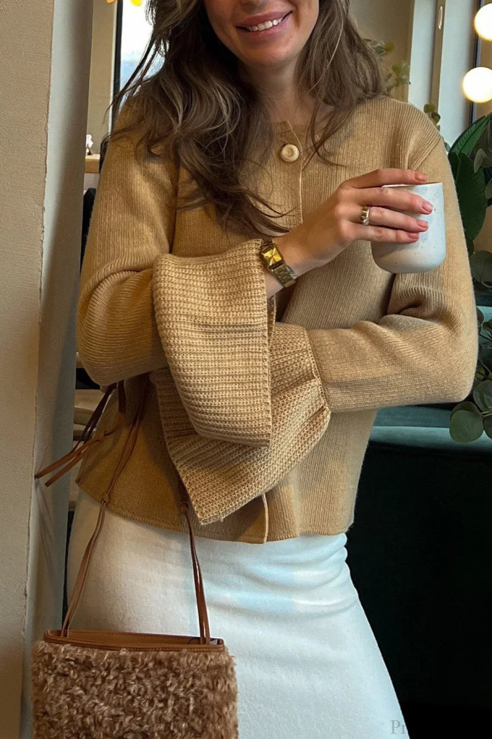 Slim Fit Bell Sleeve Knit Crew Neck Cardigan Khaki / S