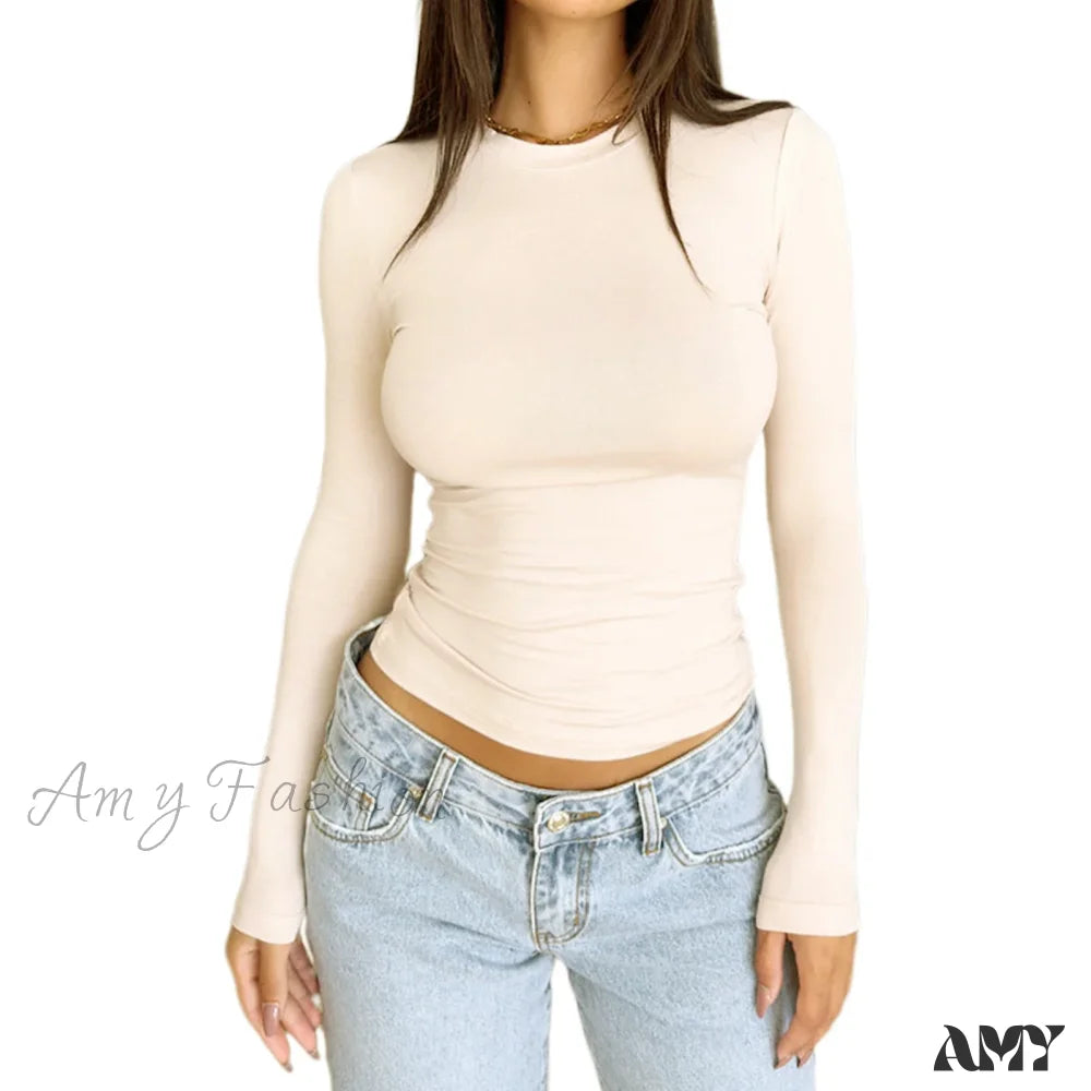 Slim Fit Plain Basic Long Sleeve Simple Casual Daily Crop Top Beige / S