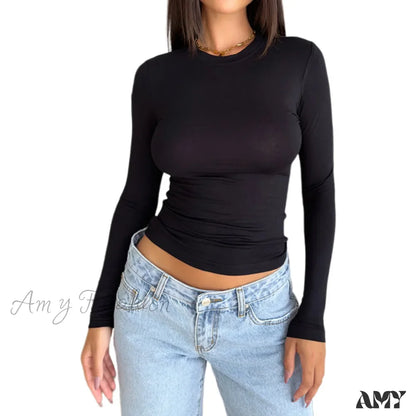 Slim Fit Plain Basic Long Sleeve Simple Casual Daily Crop Top Black / S