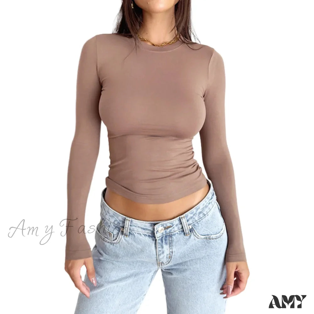 Slim Fit Plain Basic Long Sleeve Simple Casual Daily Crop Top Brown / S