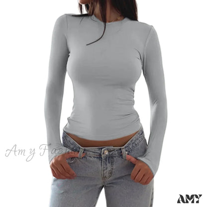 Slim Fit Plain Basic Long Sleeve Simple Casual Daily Crop Top Dark Grey / S