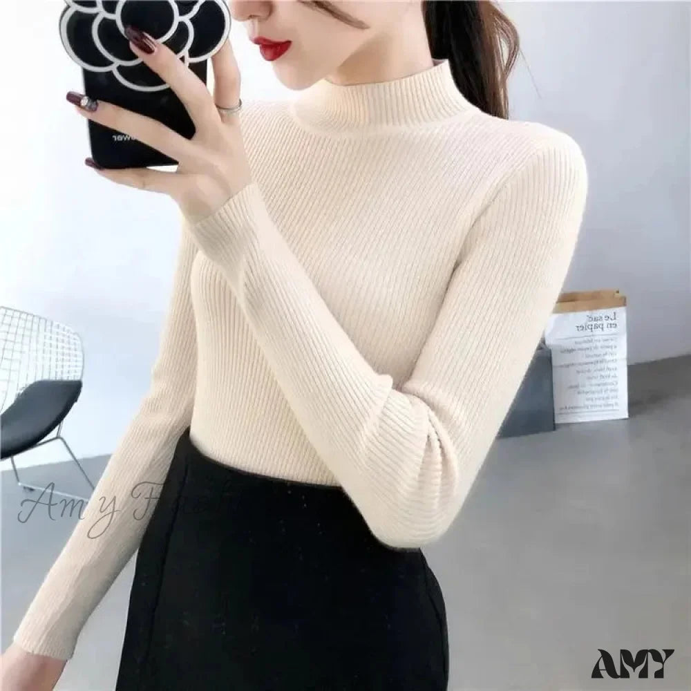 Slim Fit Stand Collar Long Sleeve Knitted Christmas Sweater Apricot / S