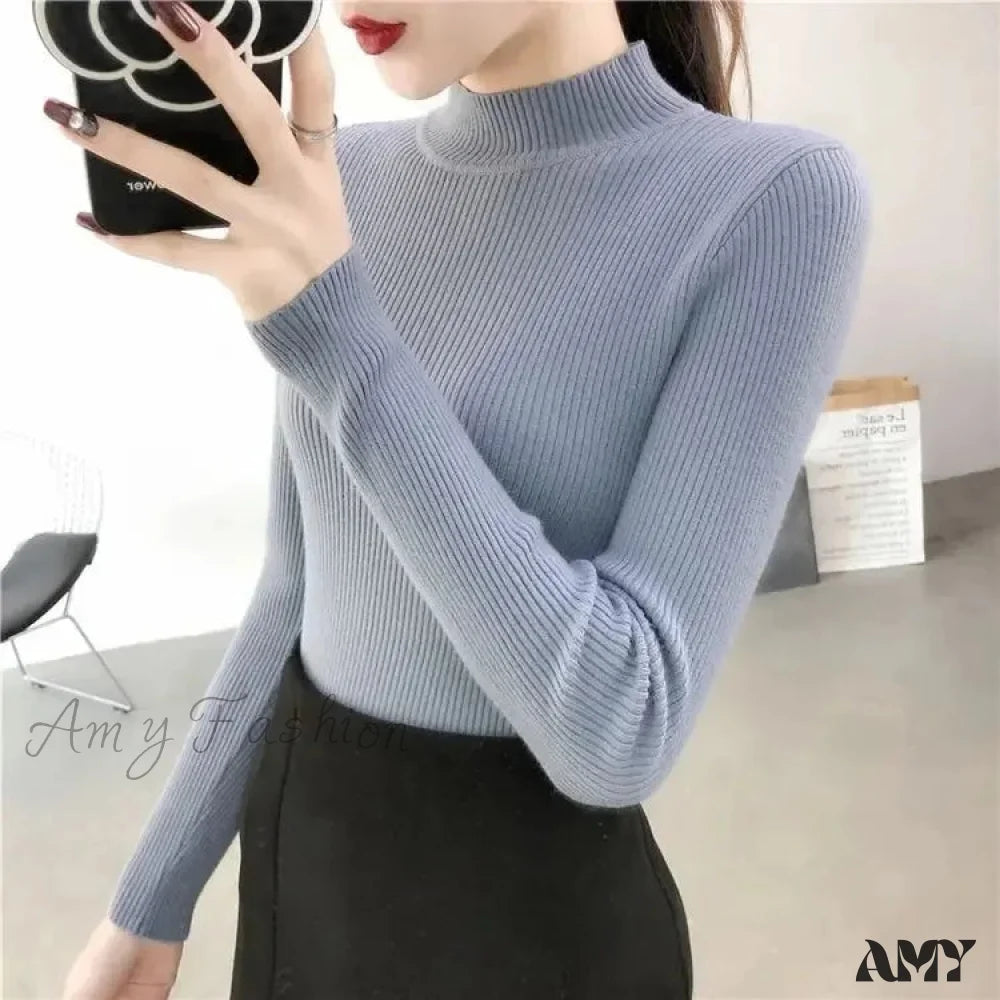 Slim Fit Stand Collar Long Sleeve Knitted Christmas Sweater Light Blue / S