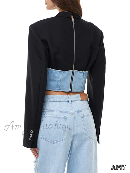 Slimming Casual Patchwork Denim Long Sleeve Notched Spliced Zipper Hit Color Fashion New Blazer