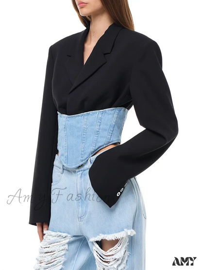 Slimming Casual Patchwork Denim Long Sleeve Notched Spliced Zipper Hit Color Fashion New Blazer