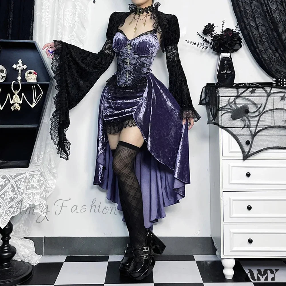 Sling Gothic Dark Trailing Irregular Fairy Fashion Grunge Purple French Slim Waist High Dress