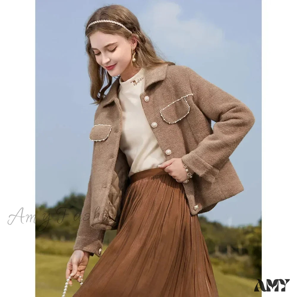 Small Fragrant Lapel Thick Warm Y2K Vintage Padded Outerwear Coat Beige-Camel / M