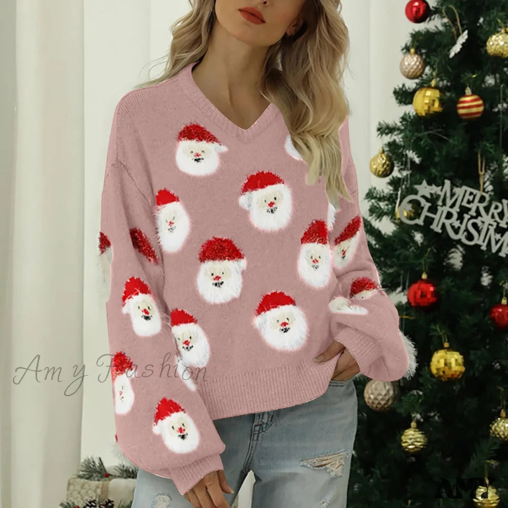 Soft Loose Crewneck Pullover For Autumn Winter Christmas Sweater Pink / S