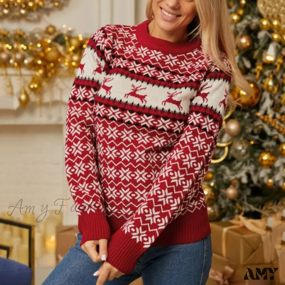 Soft O Neck Long Sleeve Thick Warm Christmas Sweater Red-4 / S