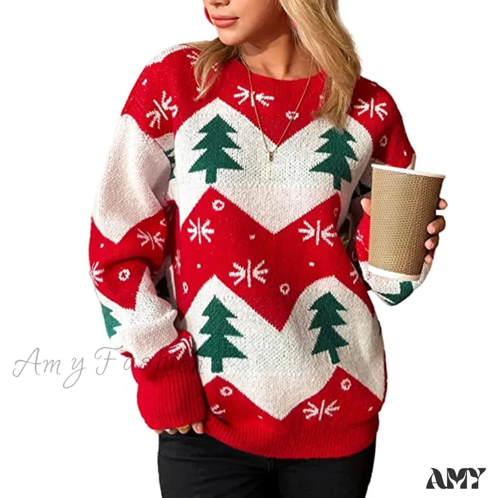 Soft O Neck Long Sleeve Thick Warm Christmas Sweater Red-5 / S