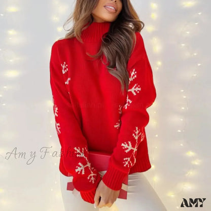 Soft O Neck Long Sleeve Thick Warm Christmas Sweater Red-7 / S