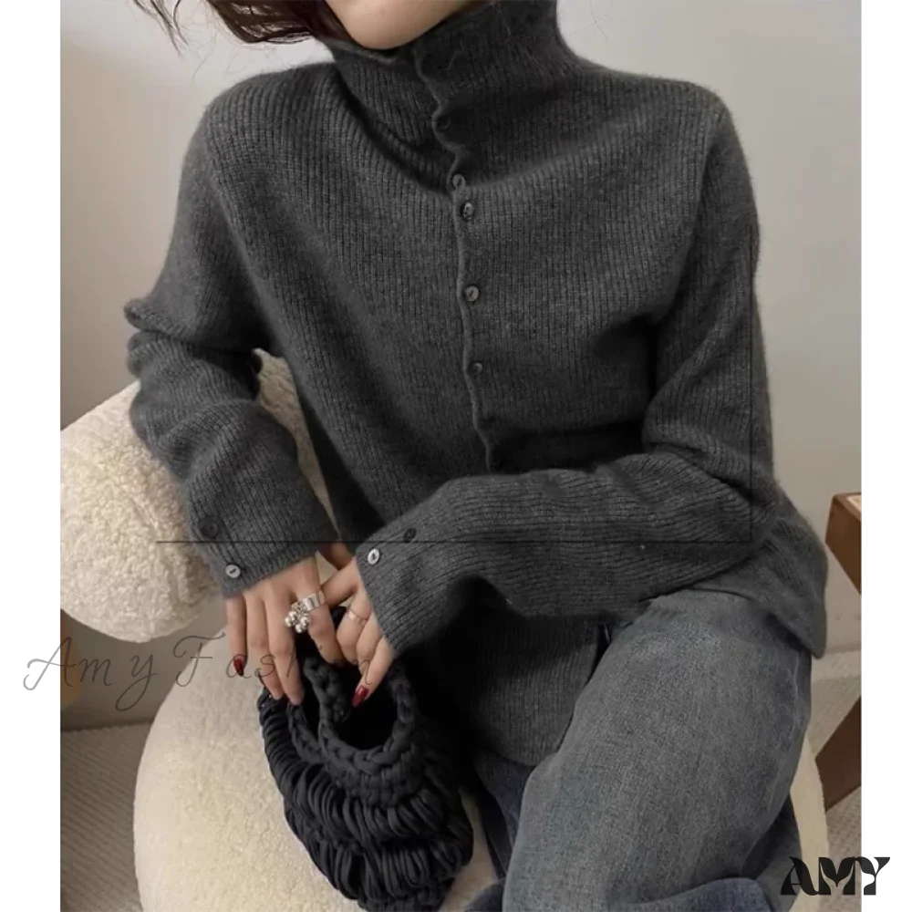 Soft Waxy Cashmere Knit Fashionable Single-Breasted Long Sleeve Warm Cozy Cardigan