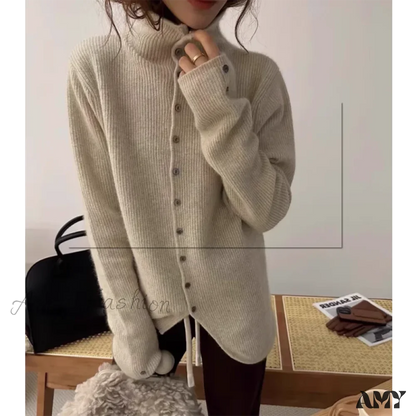 Soft Waxy Cashmere Knit Fashionable Single-Breasted Long Sleeve Warm Cozy Cardigan Beige / S