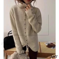 Soft Waxy Cashmere Knit Fashionable Single-Breasted Long Sleeve Warm Cozy Cardigan Beige / S