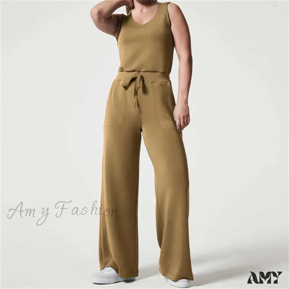 Solid Button Sleeveless Light Rip Straight Trendy Loose Trouser