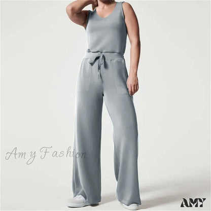 Solid Button Sleeveless Light Rip Straight Trendy Loose Trouser