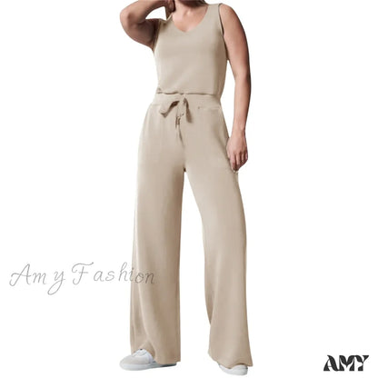 Solid Button Sleeveless Light Rip Straight Trendy Loose Trouser Beige / S