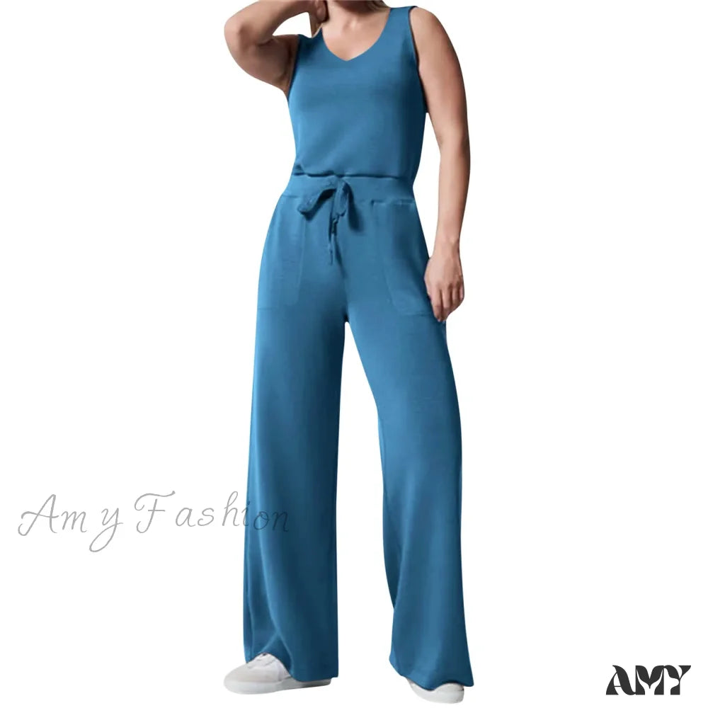 Solid Button Sleeveless Light Rip Straight Trendy Loose Trouser Blue / S