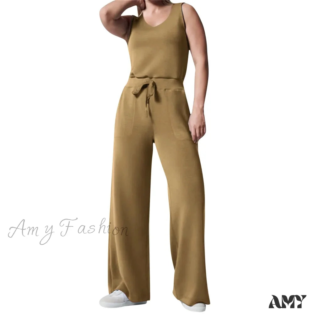 Solid Button Sleeveless Light Rip Straight Trendy Loose Trouser Gold / S