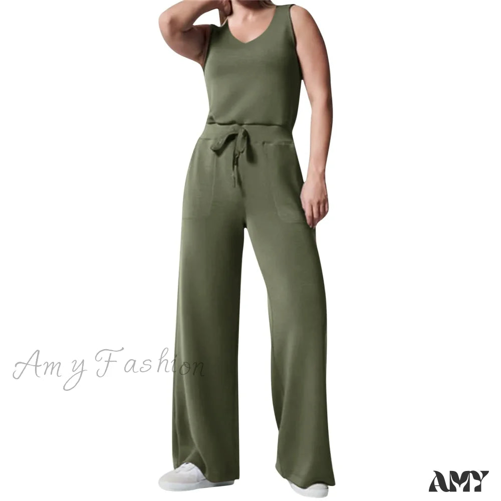 Solid Button Sleeveless Light Rip Straight Trendy Loose Trouser Green / S