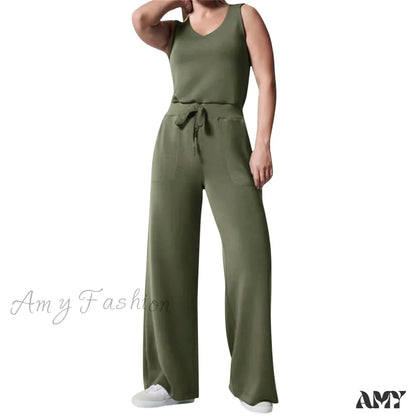 Solid Button Sleeveless Light Rip Straight Trendy Loose Trouser Green / S