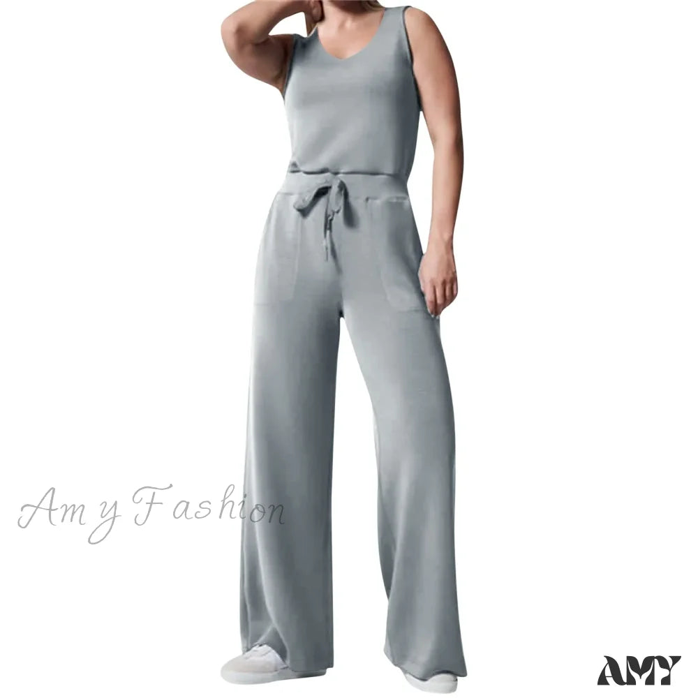 Solid Button Sleeveless Light Rip Straight Trendy Loose Trouser Grey / S