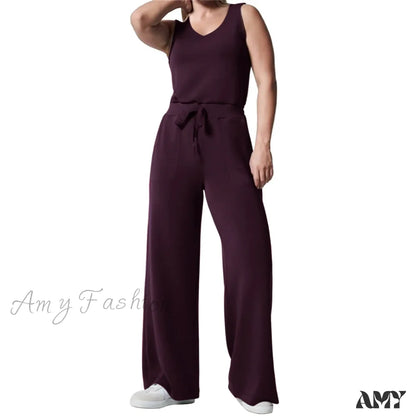 Solid Button Sleeveless Light Rip Straight Trendy Loose Trouser Purple / S