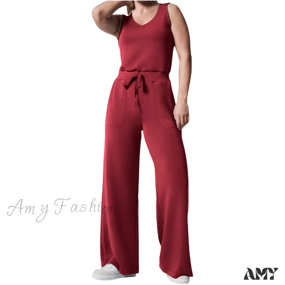 Solid Button Sleeveless Light Rip Straight Trendy Loose Trouser Red / S