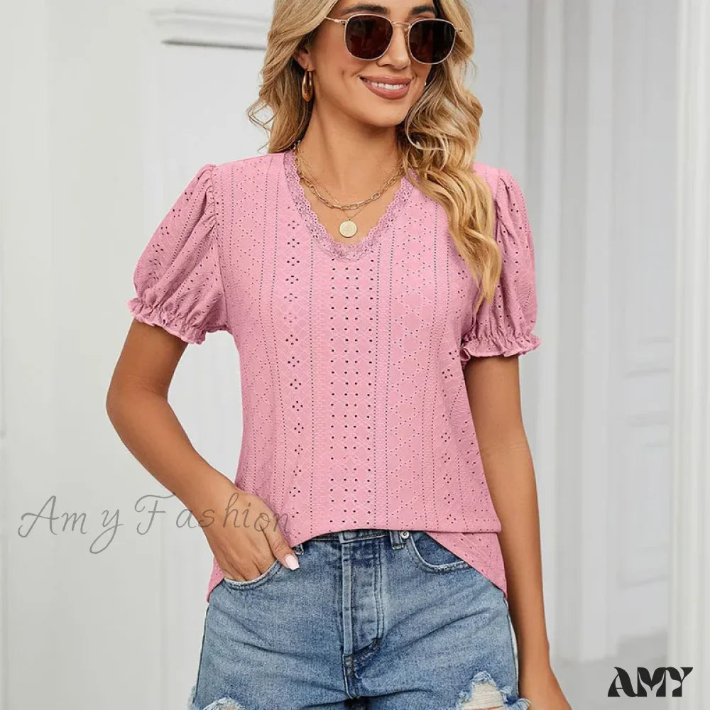 Solid Casual Loose Fashion Summer Vintage Oversized Elegant Female Tops Blouses