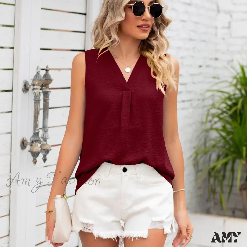 Solid Casual Loose Sleeveless Elegant Female Summer Tops Blouses