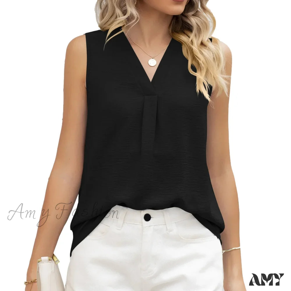 Solid Casual Loose Sleeveless Elegant Female Summer Tops Blouses Bk079-1 / S