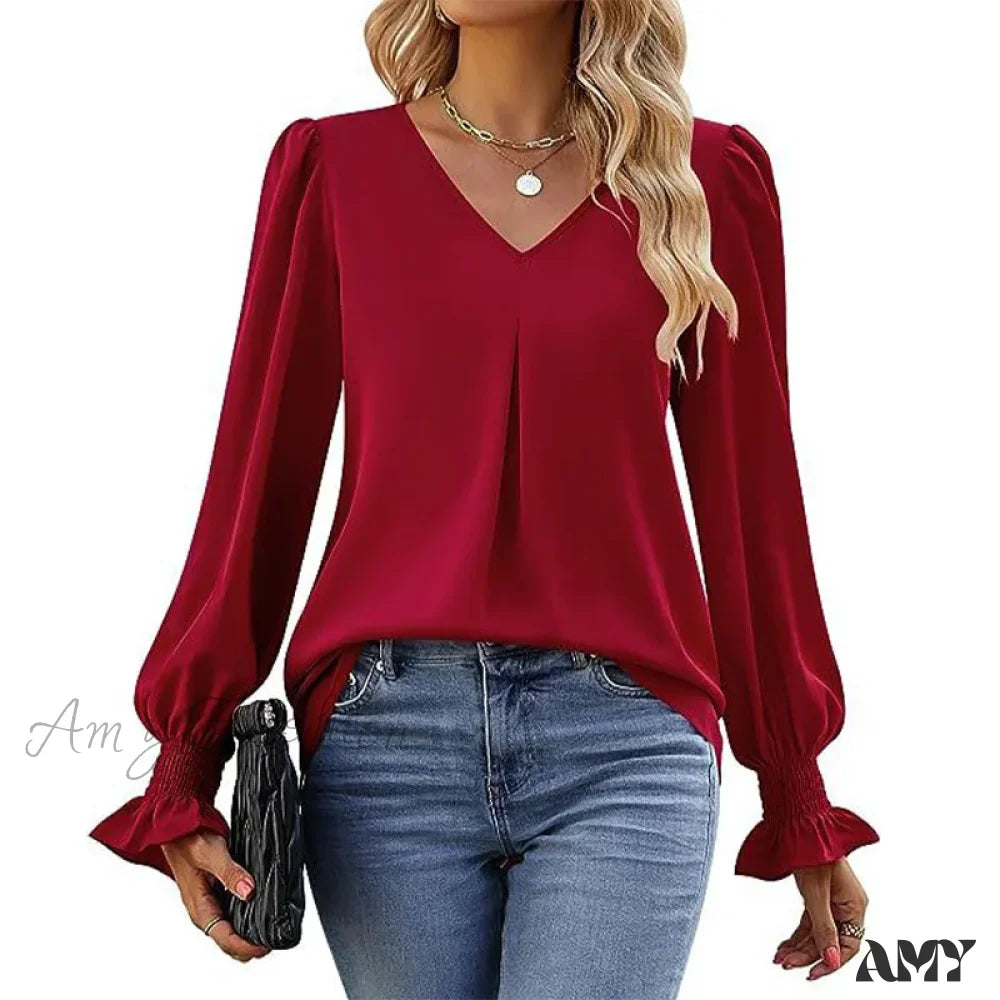 Solid Casual Loose Vintage Oversized Elegant Female Autumn Tops Blouses Qu534-10 / S