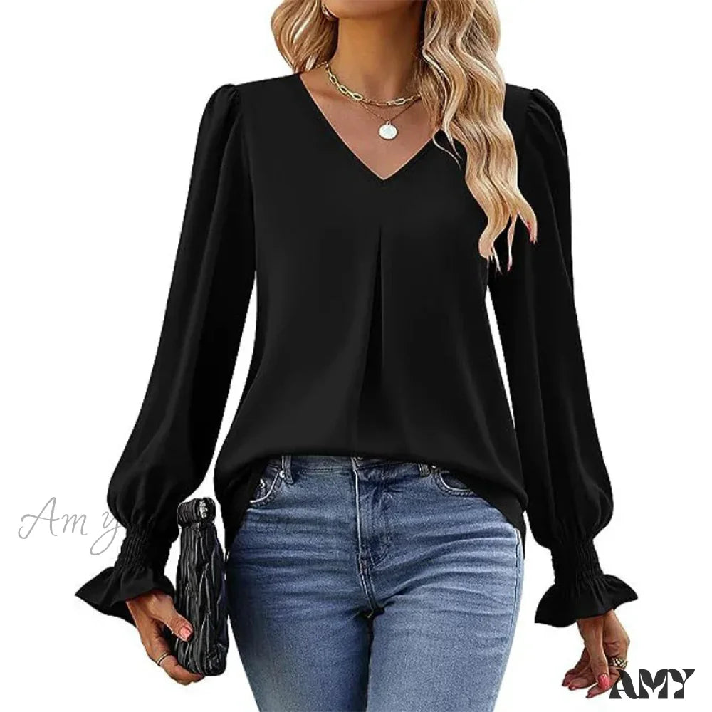 Solid Casual Loose Vintage Oversized Elegant Female Autumn Tops Blouses Qu534-2 / S